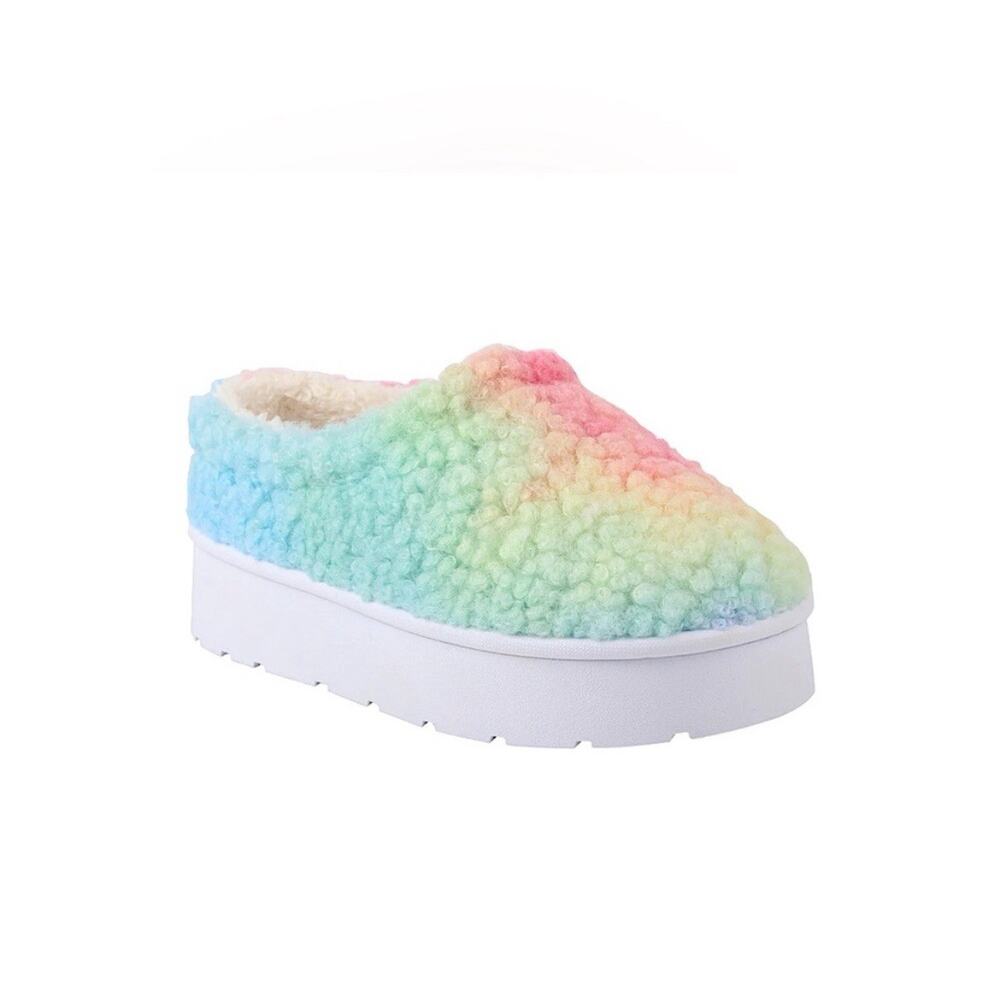 LOVE 83 Teddy Sherpa Little Girls Rainbow Slippers Pink & Blue 2